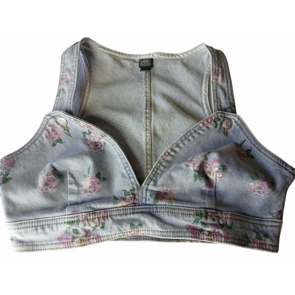Wild Fable Light Blue Denim Floral Crop Top Size M Vest Side Zip Recycled Boho - Picture 7 of 12